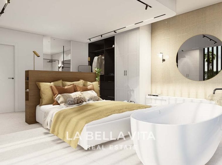 Modern Property for sale in Benimar, Rojales, Alicante, Spain master bedroom with freestanding bathtub