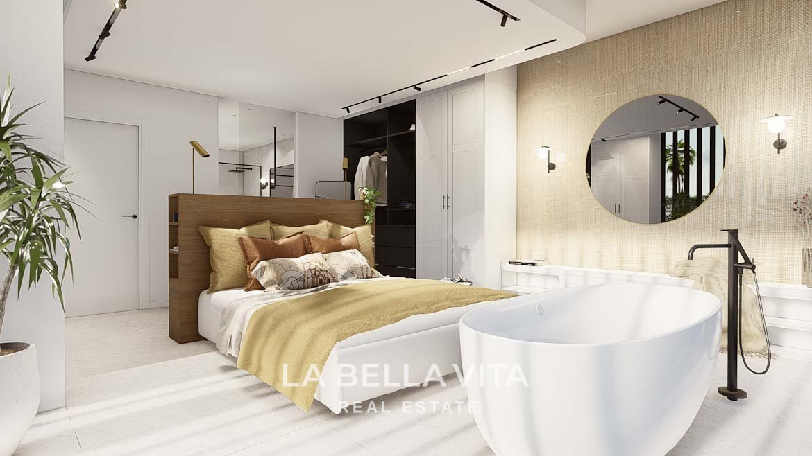 Modern Property for sale in Benimar, Rojales, Alicante, Spain master bedroom with freestanding bathtub