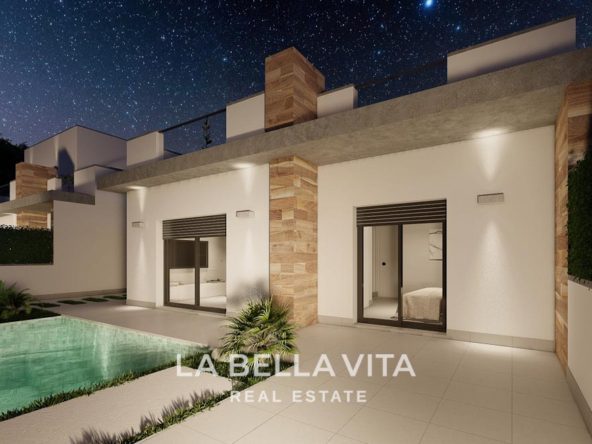 New built semi-detached villas for sale in Roldan, Murcia night facade