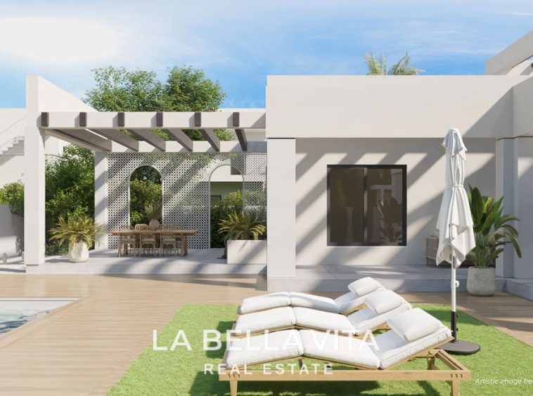 Modern Mediterranean style properties for sale in Ciudad Quesada, Costa Blanca South, Spain. Independent single storey villa with private pool and solarium