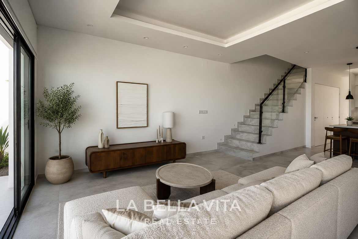 Bright and modern living room with sleek staircase and open-plan design in new build villas, Aguas Nuevas, Torrevieja.