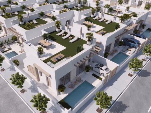 Vue aérienne de villas jumelées modernes avec 3 chambres, piscines privées, stationnements et solariums sur le toit à Roldán.