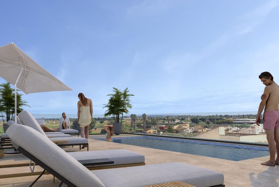 New Build Apartments for Sale in Catral Alicante with Rooftop Pool Rooftop pool terrace with sun loungers, umbrella and people overlooking town