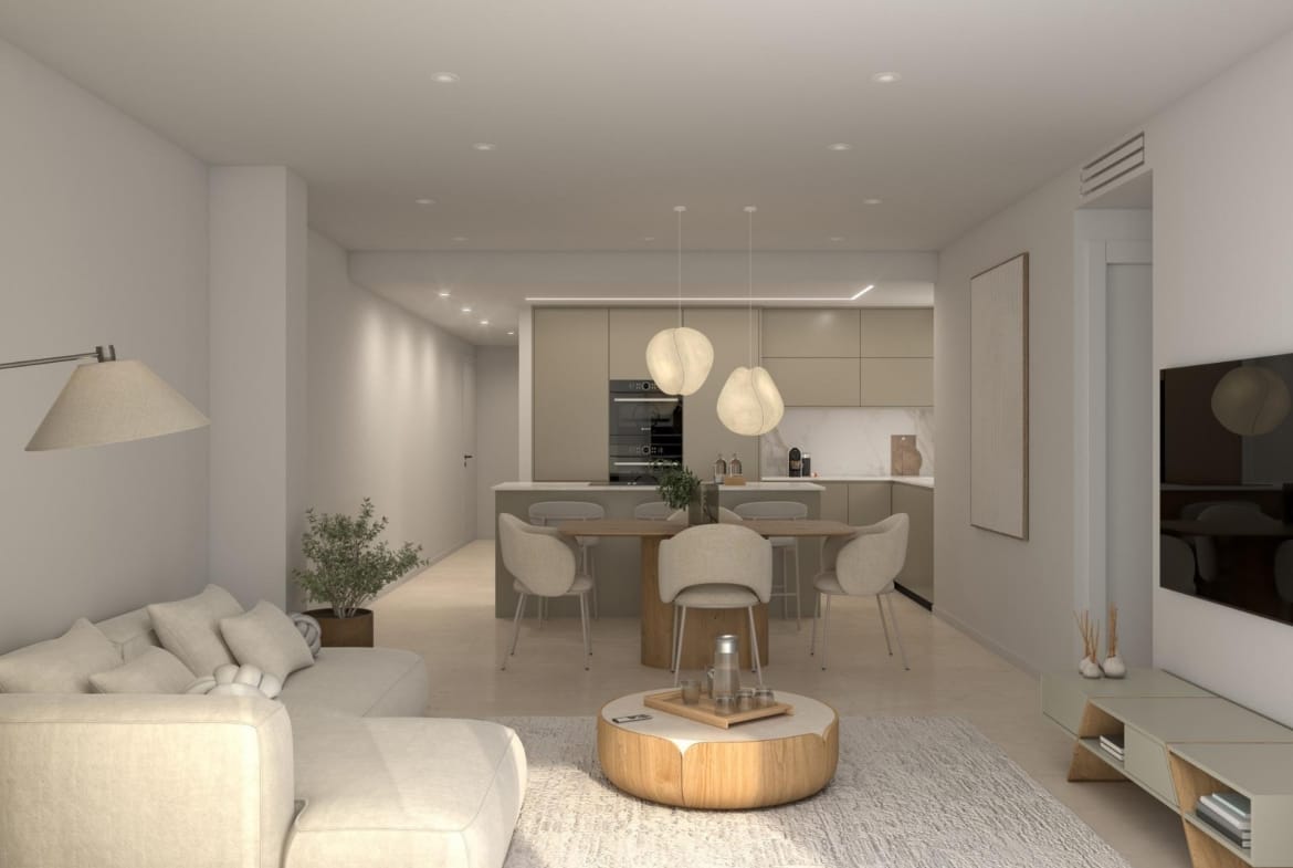 Open-plan living and kitchen with island, dining table and soft neutral decor