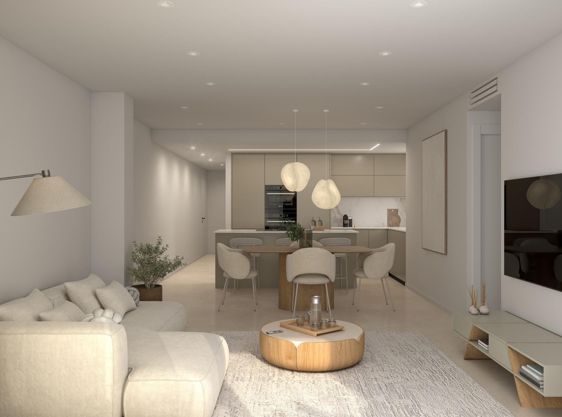 New-Build-Apartments-for-Sale-in-Catral-Alicante-with-Rooftop-Pool-2 Open-plan living and dining area with kitchen island, pendant lights and neutral palette