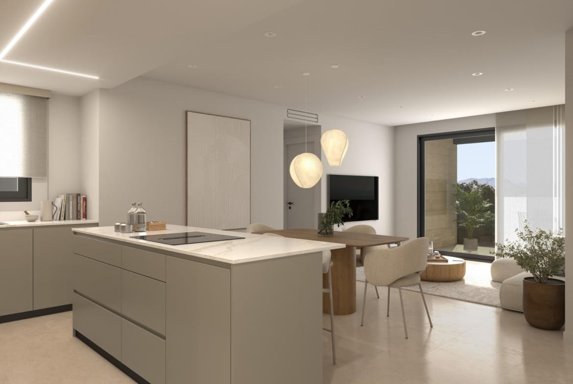 New-Build-Apartments-for-Sale-in-Catral-Alicante-with-Rooftop-Pool-3 Neutral-toned living room and kitchen with sofa, dining table and decorative plants
