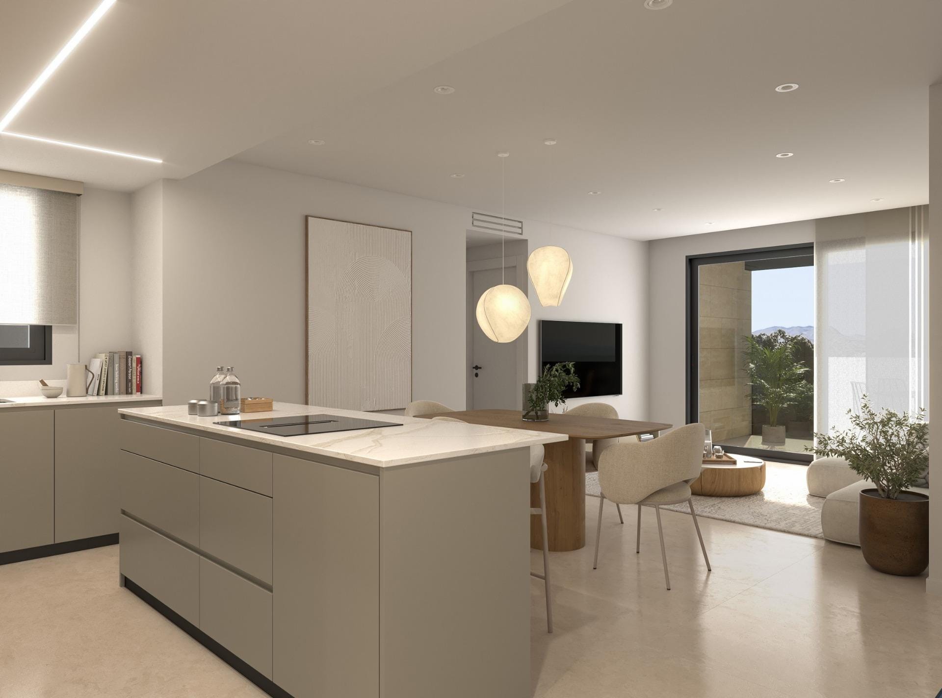 New-Build-Apartments-for-Sale-in-Catral-Alicante-with-Rooftop-Pool-3 Neutral-toned living room and kitchen with sofa, dining table and decorative plants