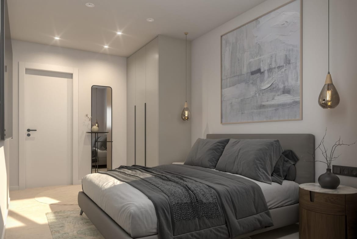 New-Build-Apartments-for-Sale-in-Catral-Alicante-with-Rooftop-Pool-4 Modern kitchen island and dining area opening to a sunlit terrace and seating area
