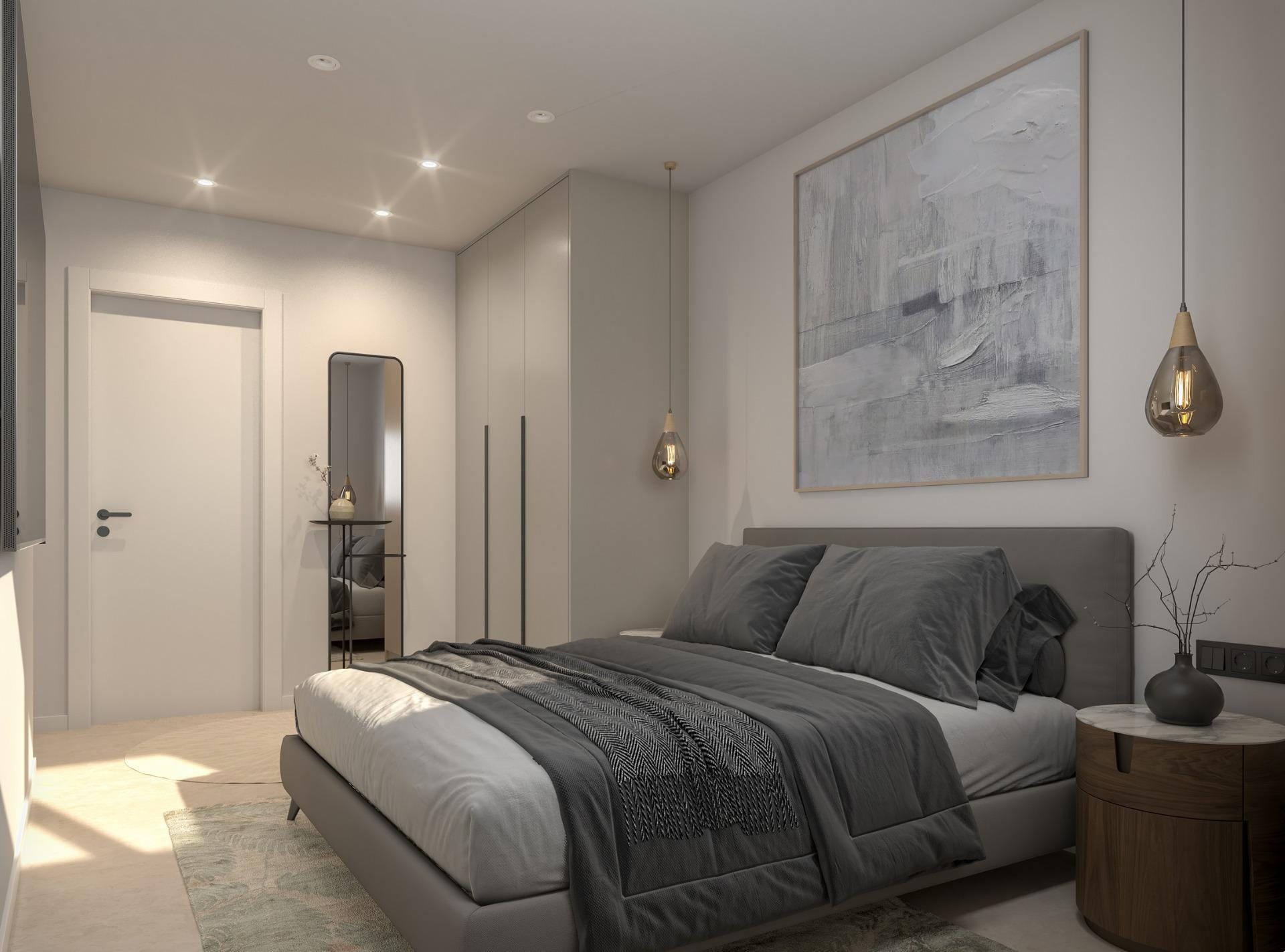 New-Build-Apartments-for-Sale-in-Catral-Alicante-with-Rooftop-Pool-4 Modern kitchen island and dining area opening to a sunlit terrace and seating area