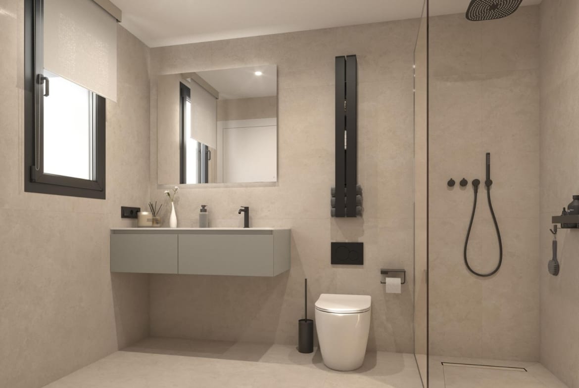 New-Build-Apartments-for-Sale-in-Catral-Alicante-with-Rooftop-Pool-5 Bedroom with double bed, hanging pendant lights and built-in wardrobes beside a mirror