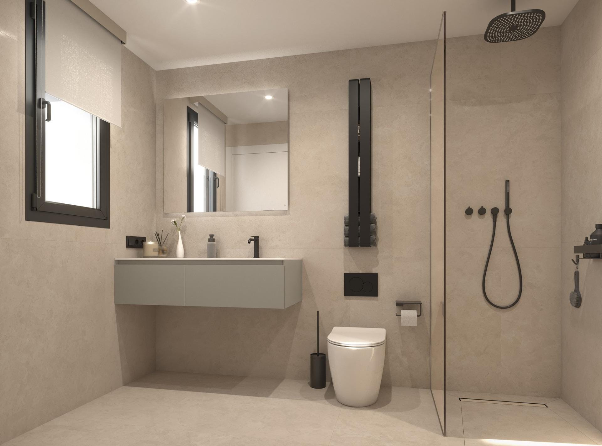 New-Build-Apartments-for-Sale-in-Catral-Alicante-with-Rooftop-Pool-5 Bedroom with double bed, hanging pendant lights and built-in wardrobes beside a mirror