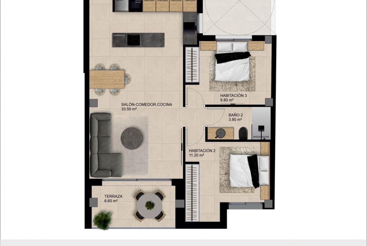 New-Build-Apartments-for-Sale-in-Catral-Alicante-with-Rooftop-Pool-6 Top-down apartment floor plan showing three bedrooms, living area and terrace
