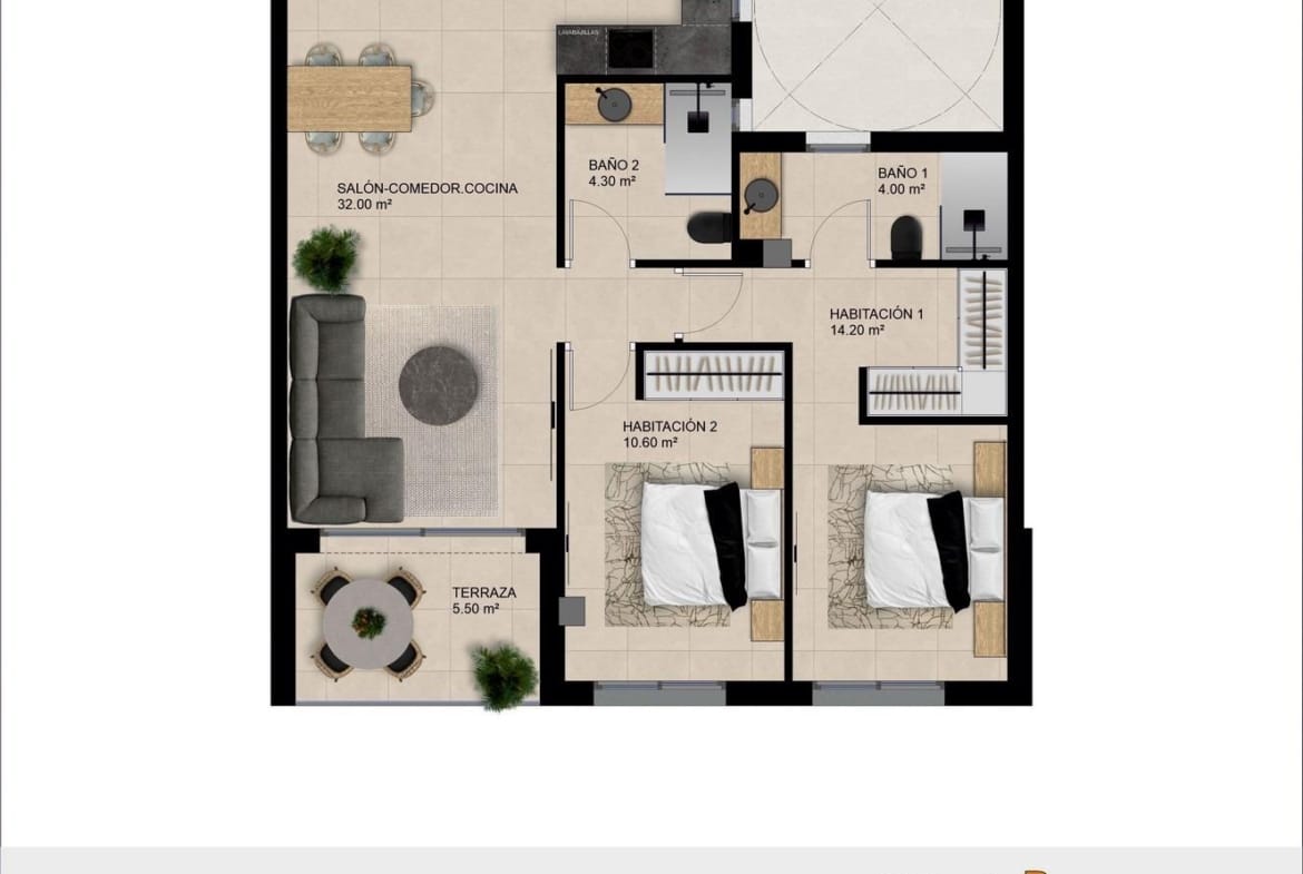 New-Build-Apartments-for-Sale-in-Catral-Alicante-with-Rooftop-Pool-6 Detailed floor plan showing two bedrooms, two bathrooms and terrace layout