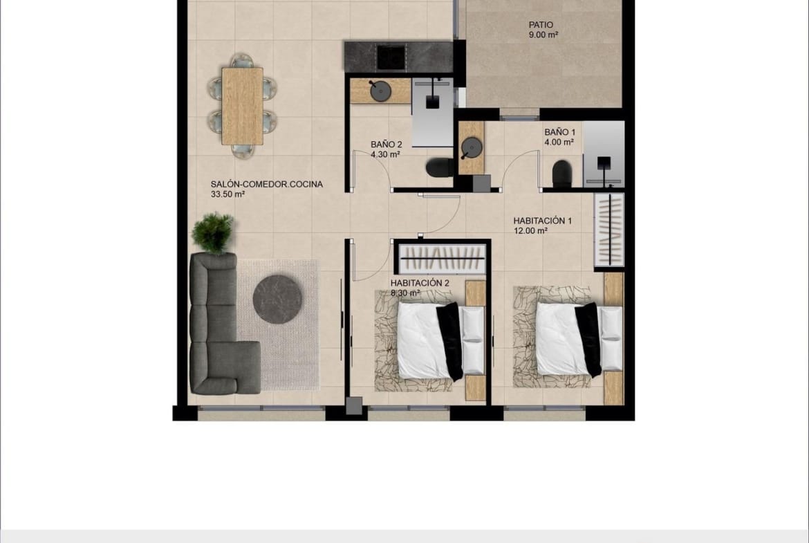 Ground floor plan showing two bedrooms, open living-kitchen area, two bathrooms and a patio
