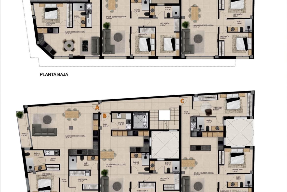 New-Build-Apartments-for-Sale-in-Catral-Alicante-with-Rooftop-Pool-7 Multiple floor distribution plans showing apartment layouts for ground and upper floors