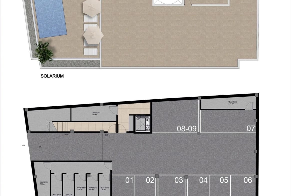 New-Build-Apartments-for-Sale-in-Catral-Alicante-with-Rooftop-Pool-8 Rooftop solarium plan with rectangular pool and loungers above basement parking and storage layout