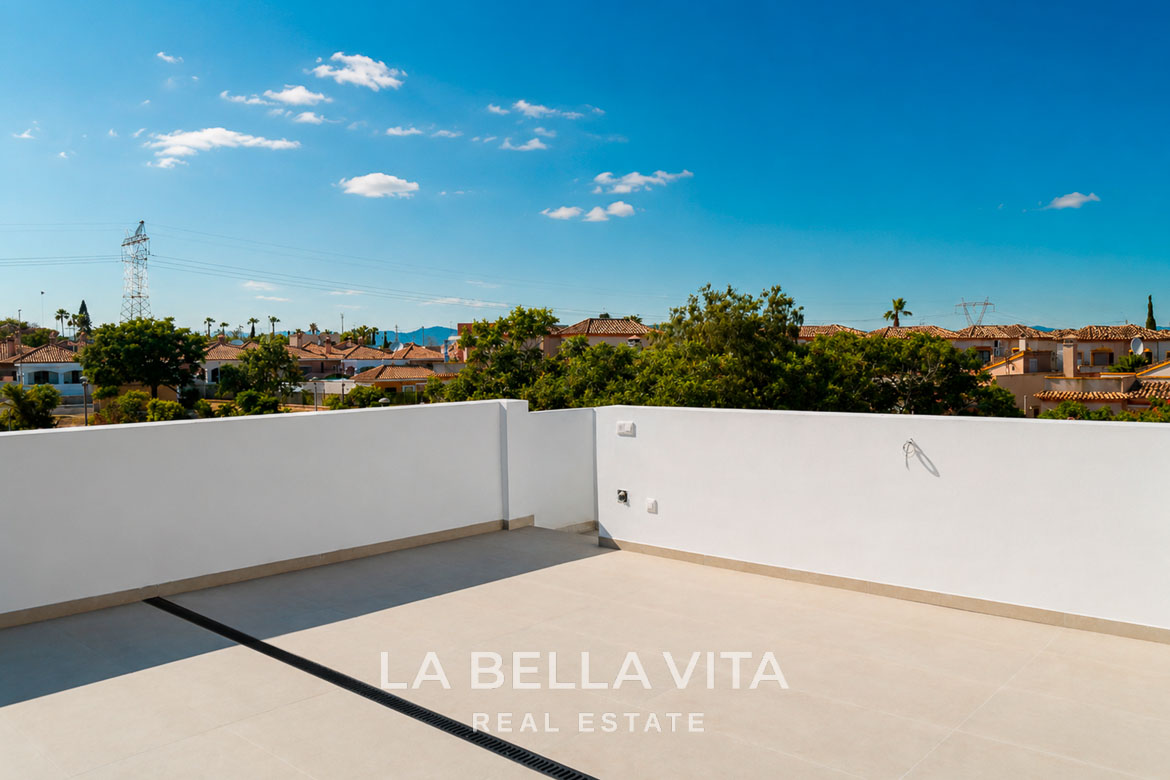 Sunny spacious terrace with panoramic views at key-ready new build single-storey villa in Los Montesinos, Costa Blanca