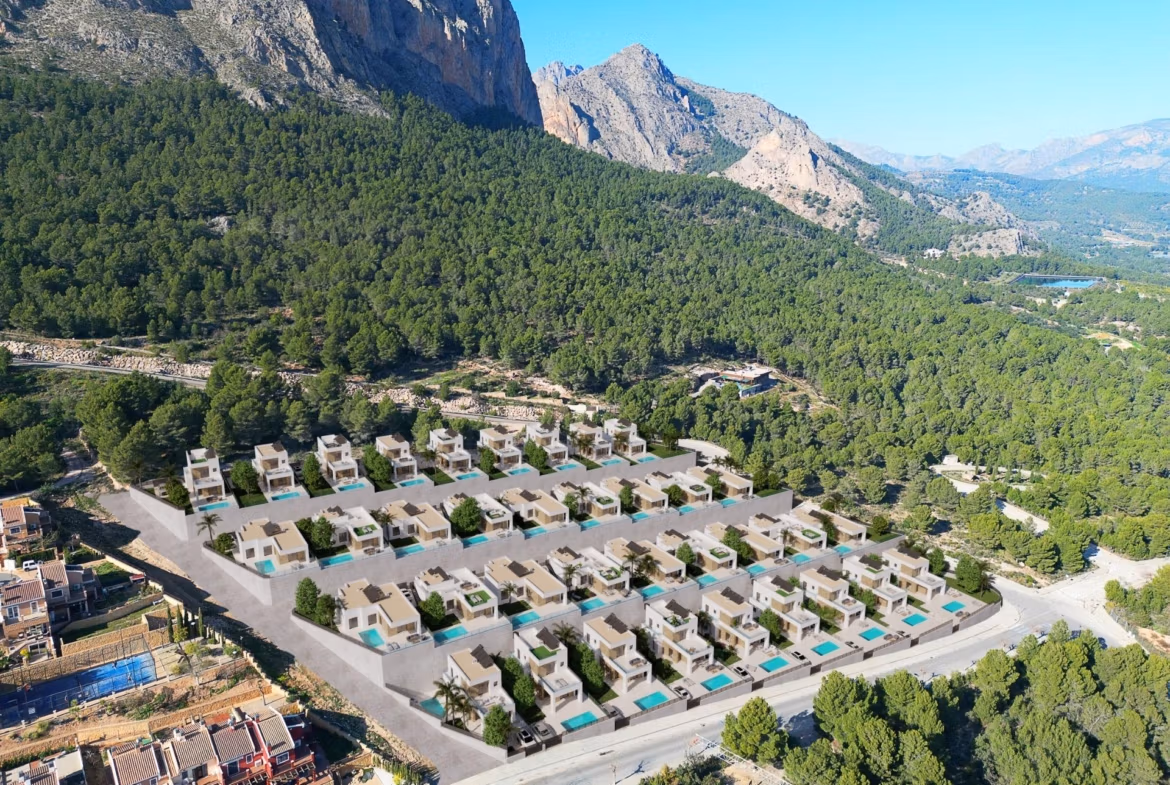 Stunning-New-Build-Villas-in-Polop-with-Sea-Views-39 New build villa development with private pools surrounded by trees and mountains in Polop with sea views.