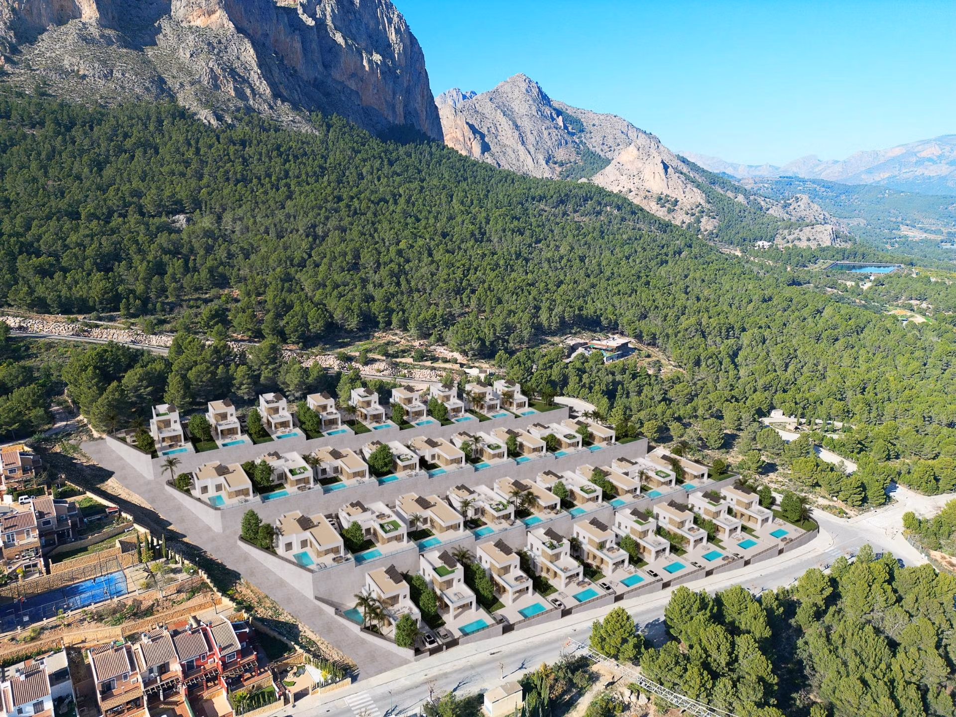 Stunning-New-Build-Villas-in-Polop-with-Sea-Views-39 New build villa development with private pools surrounded by trees and mountains in Polop with sea views.
