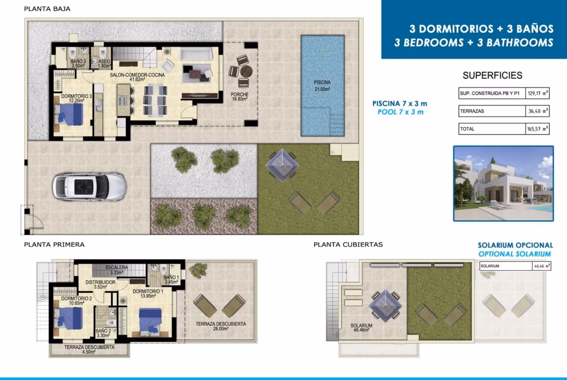 Stunning-New-Build-Villas-in-Polop-with-Sea-Views-41 Floor plan of elegant new build villa with three bedrooms, pool, terraces, and private garden in Polop.