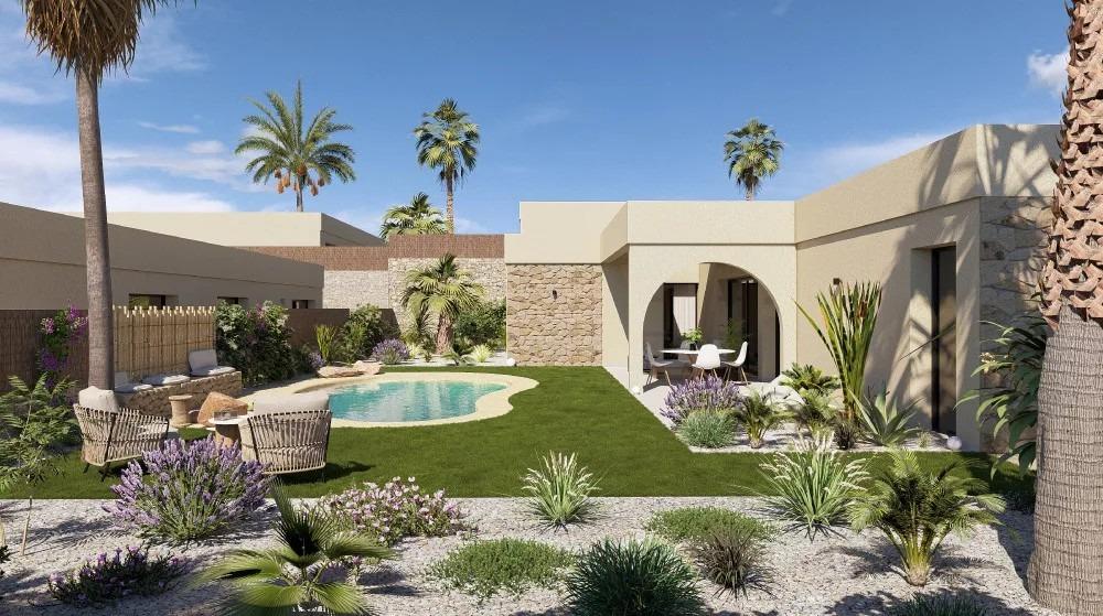 Single-storey villa with curved private pool and garden seating area in Altaona Golf Resort, Murcia