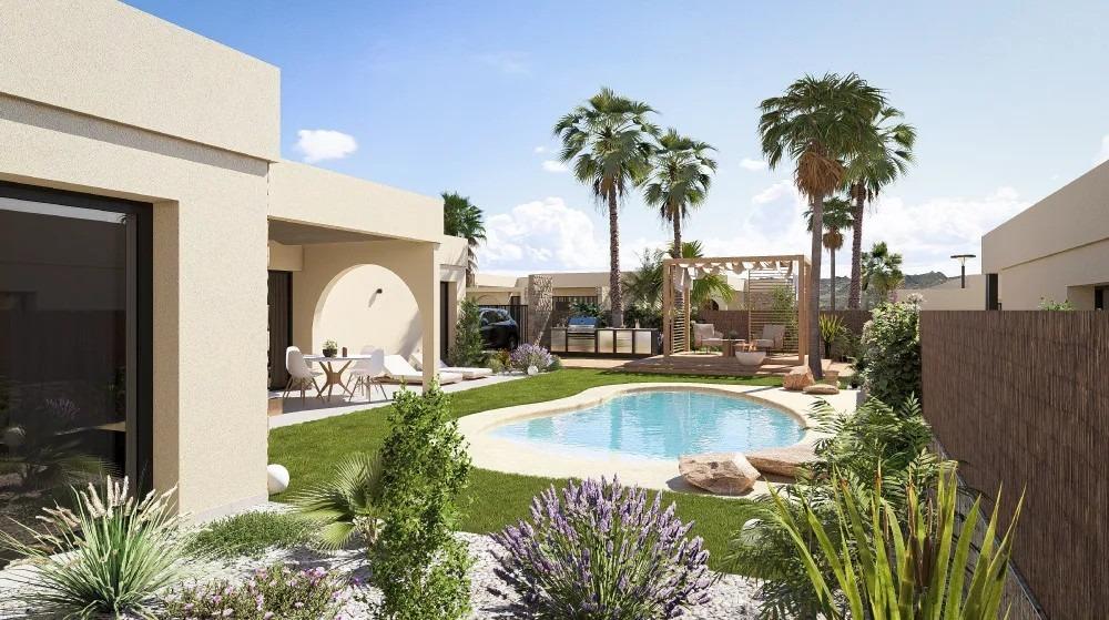 Single-storey villa exterior with private pool and garden surrounded by desert plants in Altaona Golf Resort, Murcia