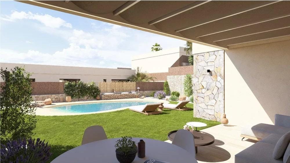 Covered terrace with seating overlooking private pool and garden of 4-bedroom villa in Altaona Golf Resort, Murcia