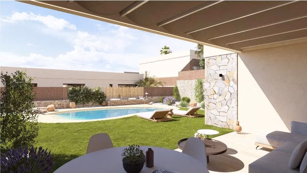 Contemporary One Level Villas in Altaona Golf Resort Murcia Covered terrace with seating overlooking private pool and garden of 4-bedroom villa in Altaona Golf Resort, Murcia