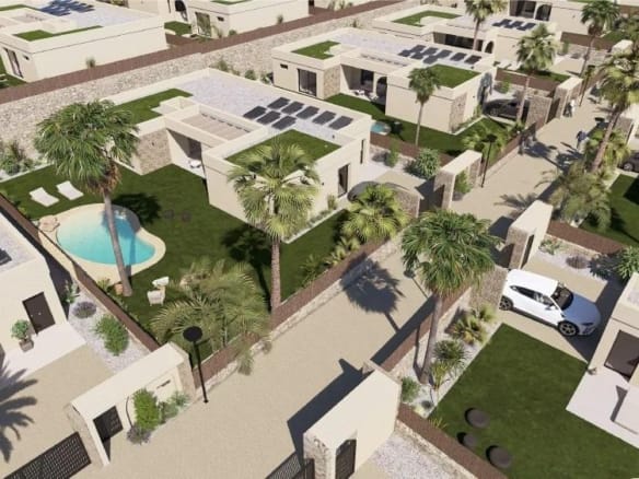 Aerial view of a single-storey 4-bedroom villa with private pool and garden in Altaona Golf Resort, Murcia.