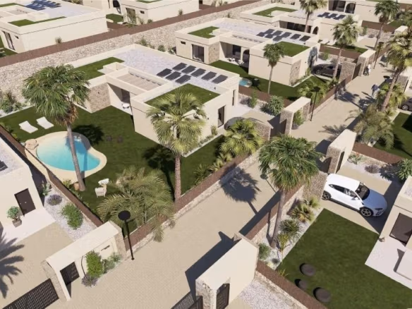 Aerial view of a single-storey 4-bedroom villa with private pool and garden in Altaona Golf Resort, Murcia.