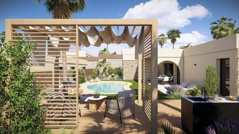 Single-storey villa in Altaona Golf Resort, Murcia with private pool, shaded terrace, and outdoor dining area.