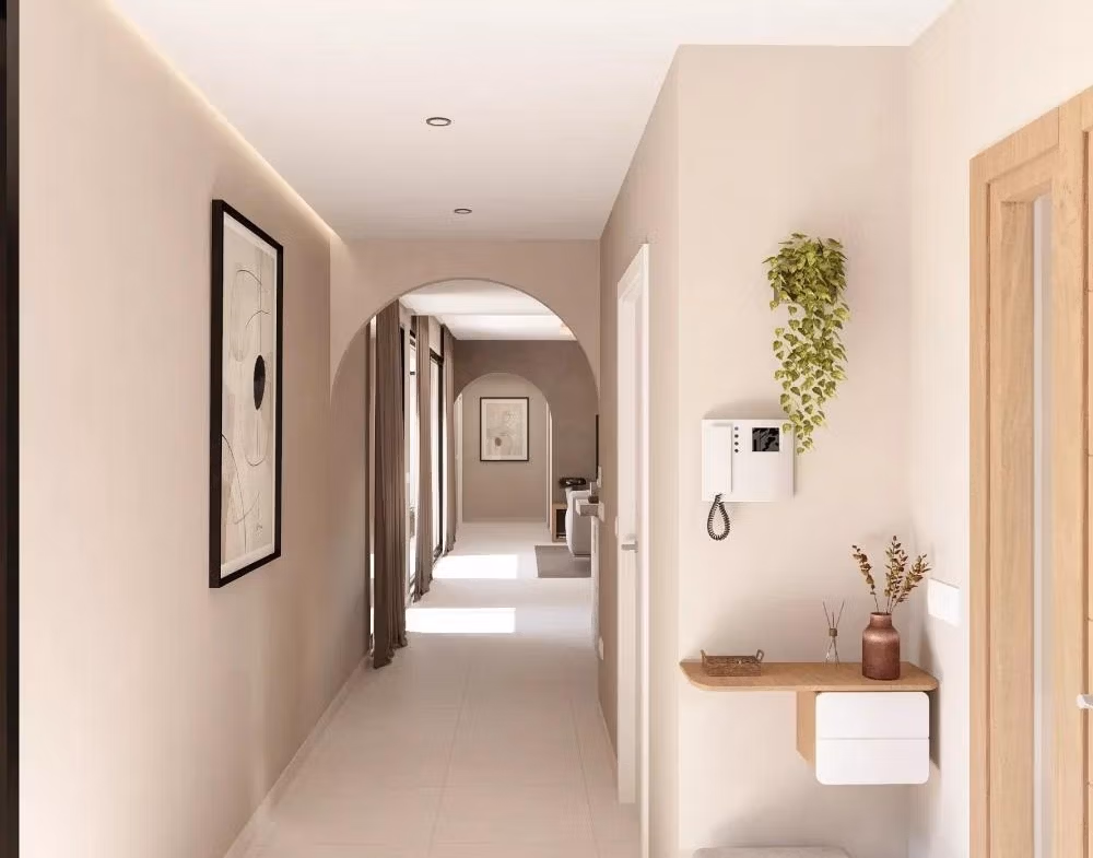 Contemporary-One-Level-Villas-in-Altaona-Golf-Resort-Murcia-7 Bright hallway with modern decor and natural light in a 4 bedroom single-storey villa in Altaona Golf Resort, Murcia