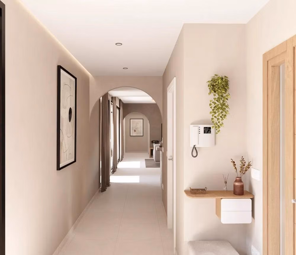 Contemporary-One-Level-Villas-in-Altaona-Golf-Resort-Murcia-7 Bright hallway with modern decor and natural light in a 4 bedroom single-storey villa in Altaona Golf Resort, Murcia