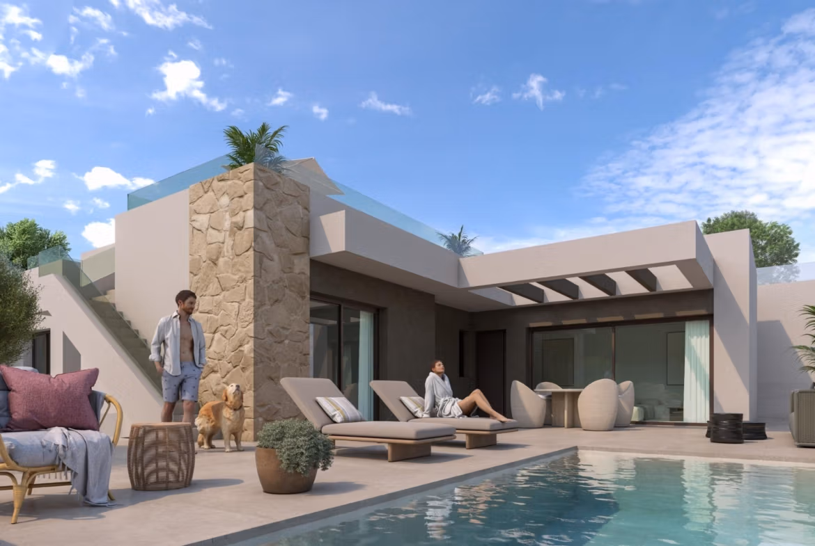 Exclusive New Build Villas for Sale in Benijofar Near Ciudad Quesada Modern single-storey villa in Benijófar with elegant stone accents, sun-drenched terrace, and private pool under a clear blue sky.