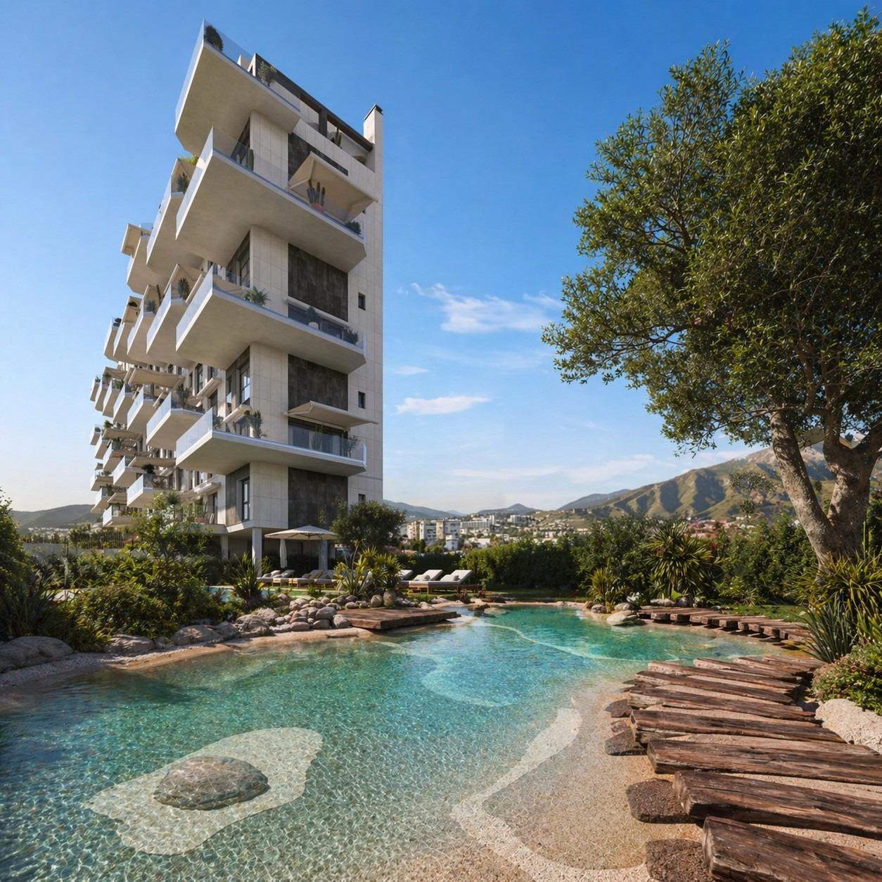 New build 2-bedroom ground floor apartment in Cala de Finestrat with garden views and a naturalistic pool setting.