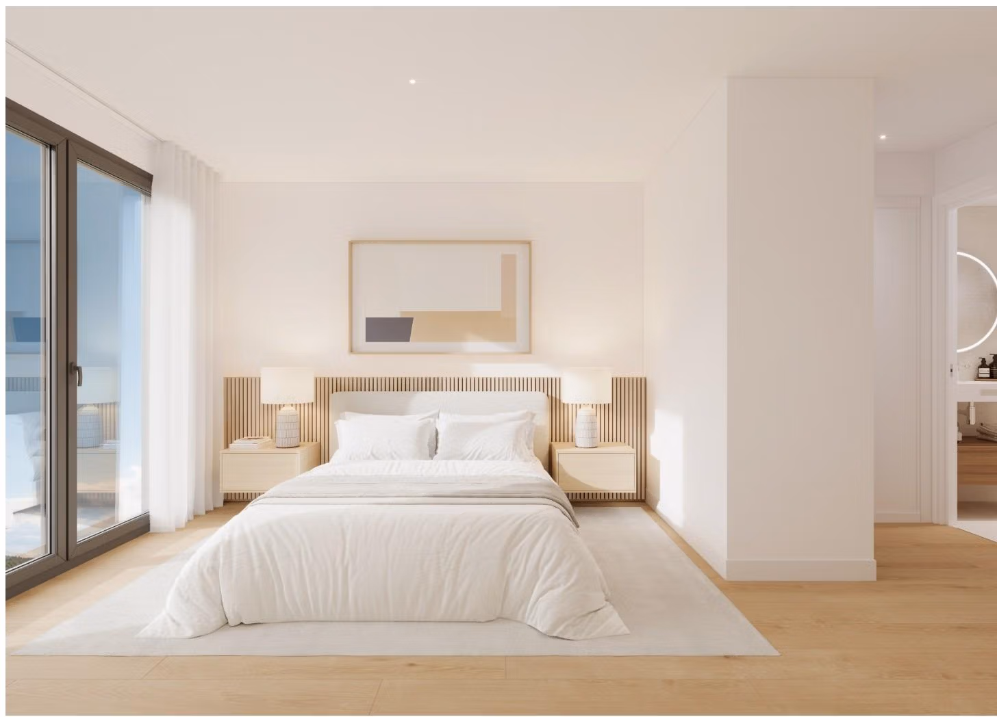 Luxury-New-Build-Apartments-in-Cala-Finestrat-Close-to-the-Beach-11 Bright bedroom with large bed and sliding glass doors opening to terrace in a penthouse in Cala de Finestrat.