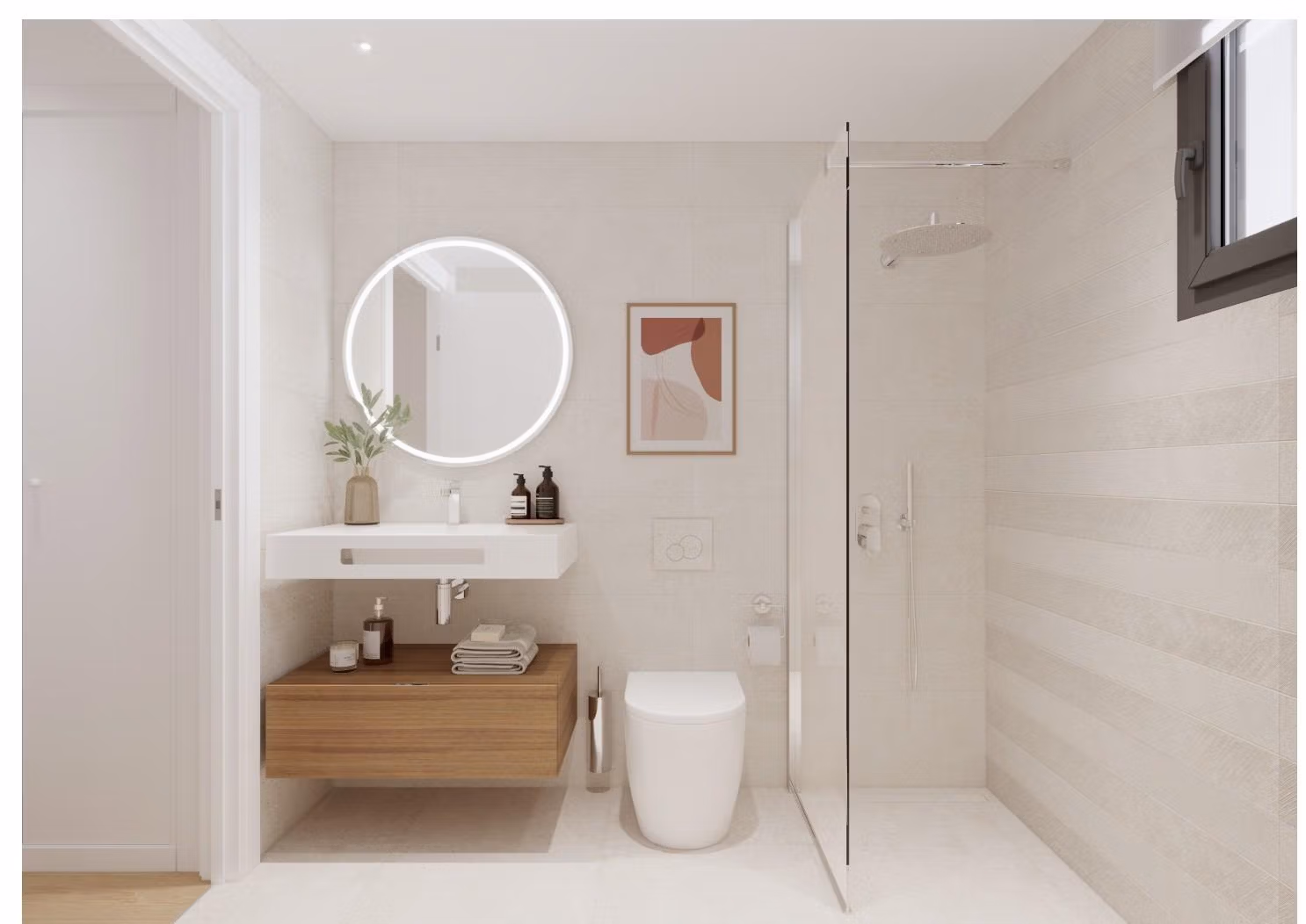 Luxury-New-Build-Apartments-in-Cala-Finestrat-Close-to-the-Beach-12 Modern bathroom with walk-in shower and floating vanity in 2-bedroom penthouse for sale in Cala de Finestrat.