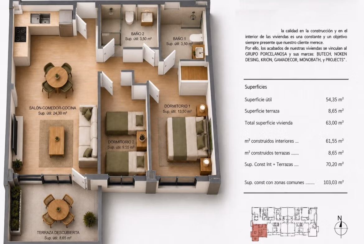 Top-down floor plan of a two-bedroom apartment with living room, kitchen, two bathrooms, and terrace in Cala de Finestrat new build.