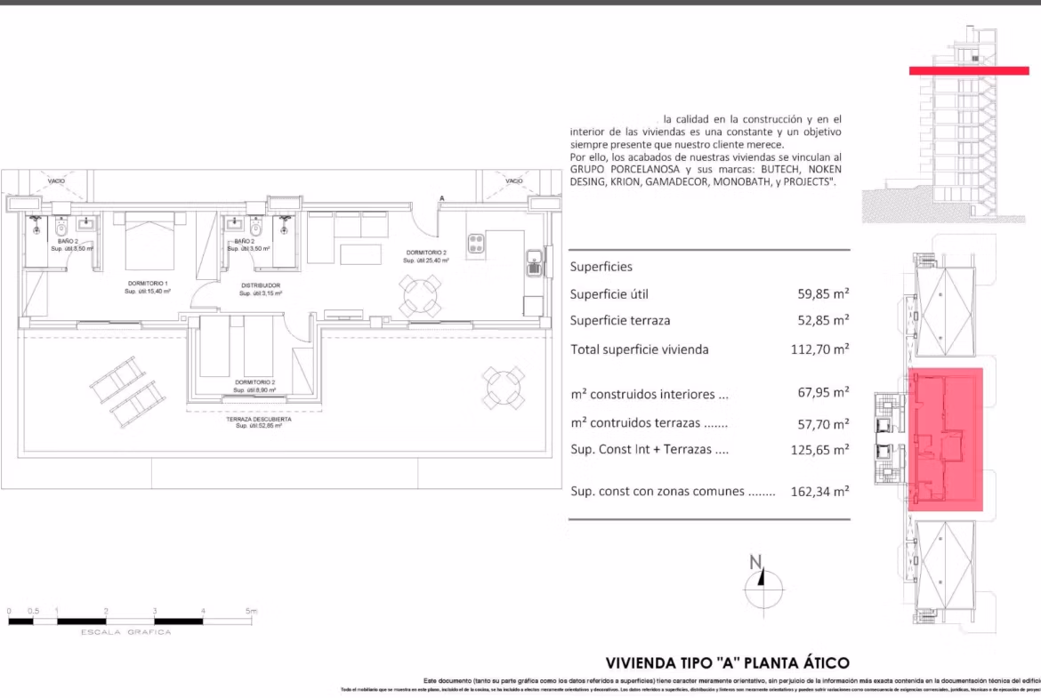 Floor plan of an elevated 2 bedroom penthouse with solarium, terrace layout, and living areas in Cala de Finestrat.