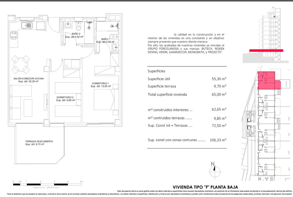 Floor plan of a ground floor 2-bedroom apartment with garden terrace in Cala de Finestrat new build complex.