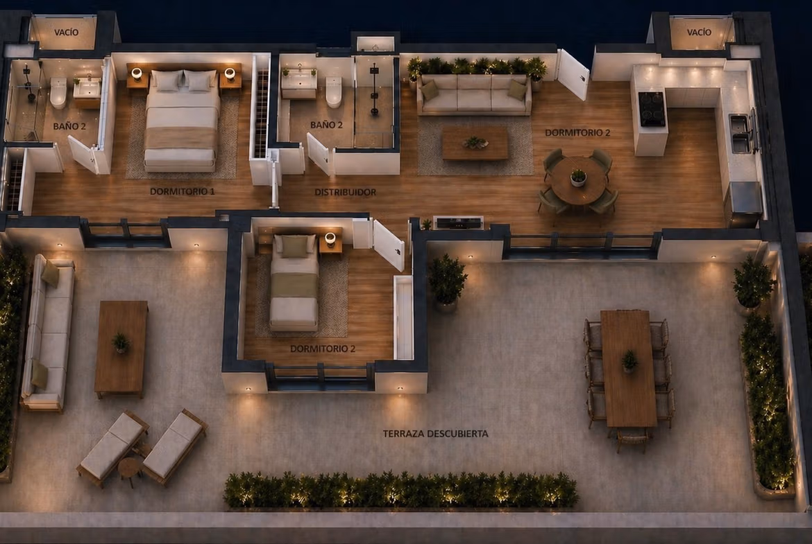 Layout of elevated 2-bedroom penthouse with solarium and open terrace in Cala de Finestrat new build property