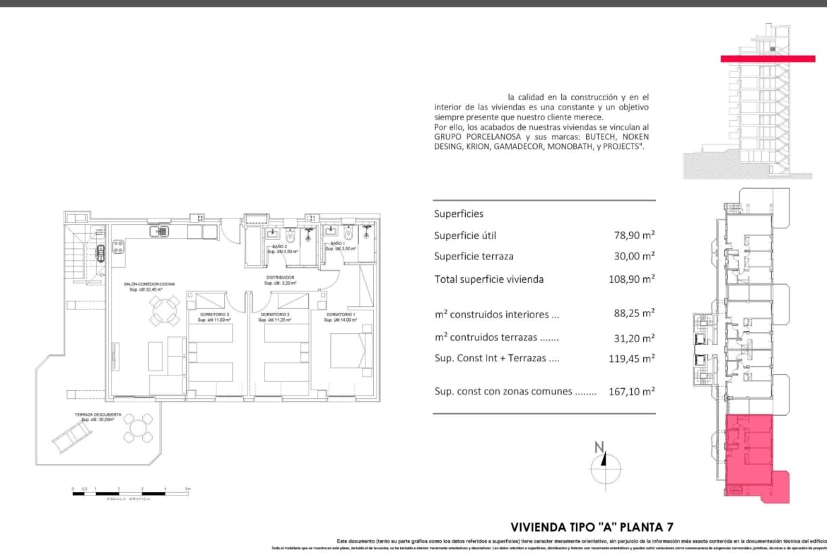 Floor plan of a 3-bedroom penthouse with terrace and solarium in Cala de Finestrat, showing room layout and dimensions.