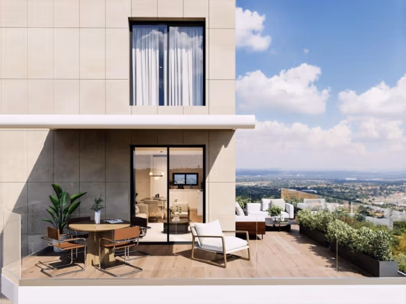 Spacious terrace with seating and city views in a new 3 bedroom apartment for sale in Cala de Finestrat