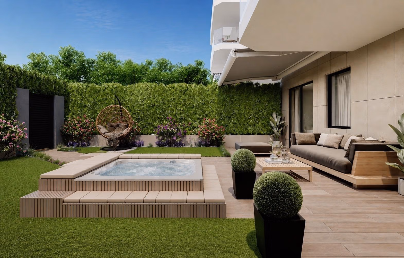 Luxury-New-Build-Apartments-in-Cala-Finestrat-Close-to-the-Beach-18 Terrace with hot tub, outdoor seating, and greenery in elevated new build 2-bedroom penthouse with solarium in Cala de Finestrat.