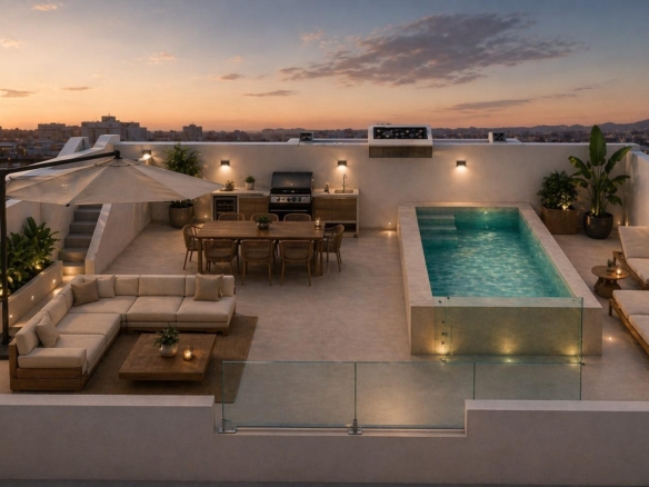 Rooftop solarium with pool, outdoor dining, and lounge area in premium 3 bedroom penthouse in Cala de Finestrat.