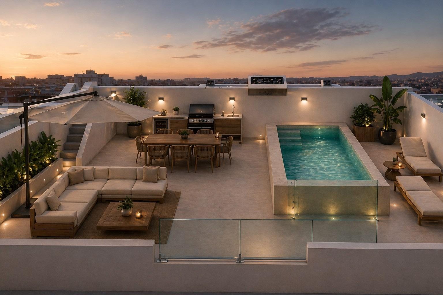 Rooftop solarium with pool, outdoor dining, and lounge area in premium 3 bedroom penthouse in Cala de Finestrat.