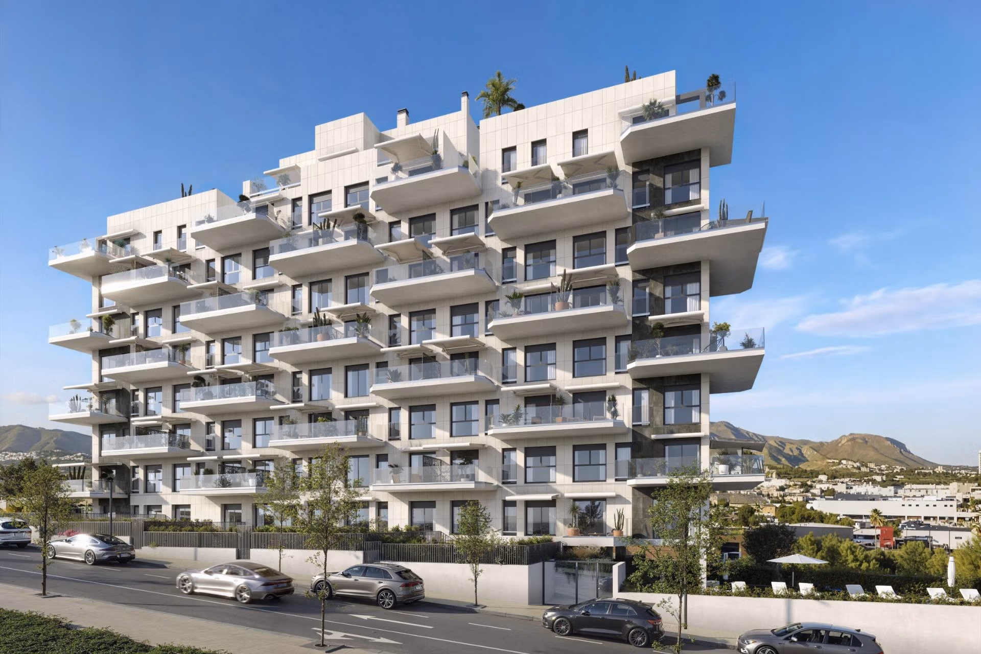 Appartamenti di lusso di nuova costruzione a Cala Finestrat vicino alla spiaggia 2 Esterno moderno di un complesso di appartamenti di nuova costruzione con 3 camere a Cala de Finestrat, con balconi e parcheggio in strada.