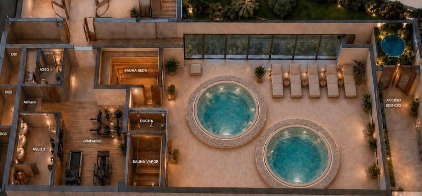 Aerial view of outdoor pool and spa area with gym in a new 3-bedroom apartment complex in Cala de Finestrat.