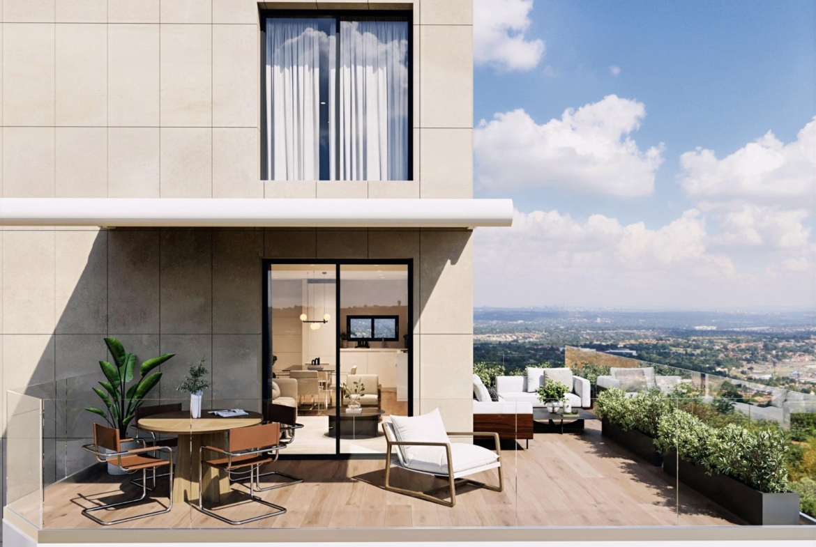 Terrace with outdoor seating and views from a smart new build 1 bedroom apartment in Cala de Finestrat