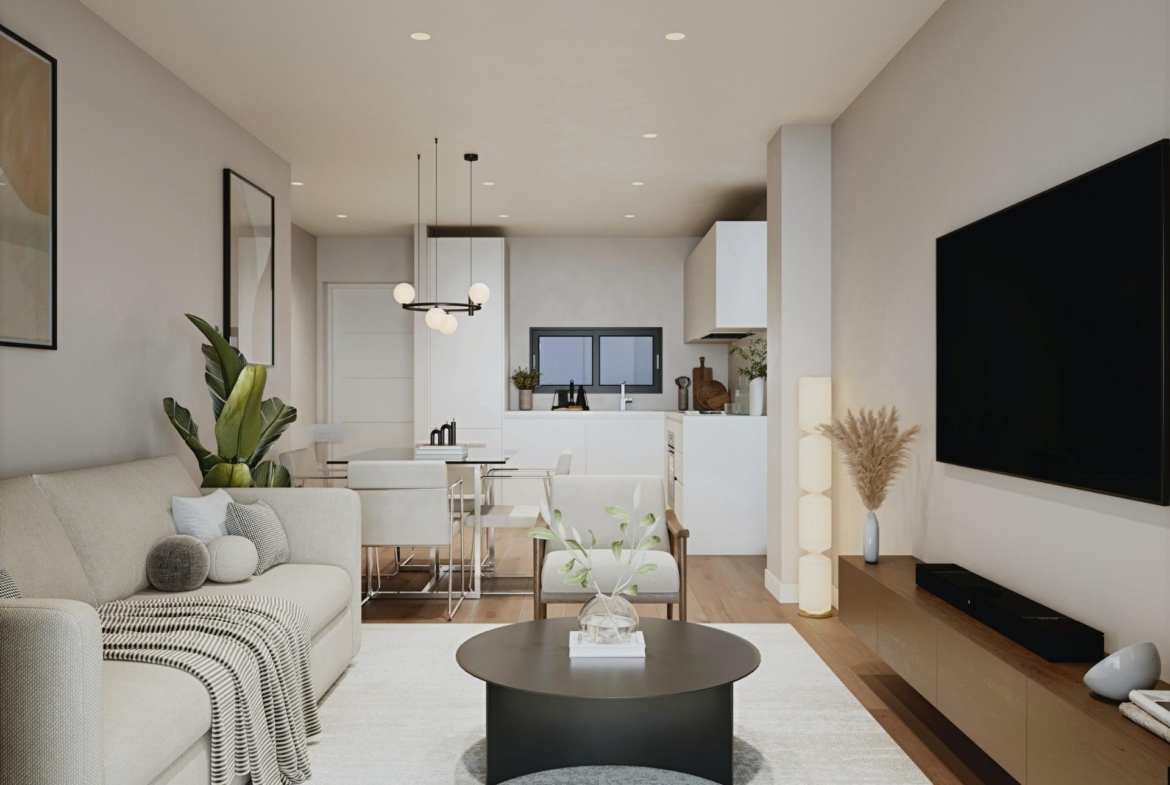 Modern living room and dining area in a spacious 3 bedroom new build apartment in Cala de Finestrat